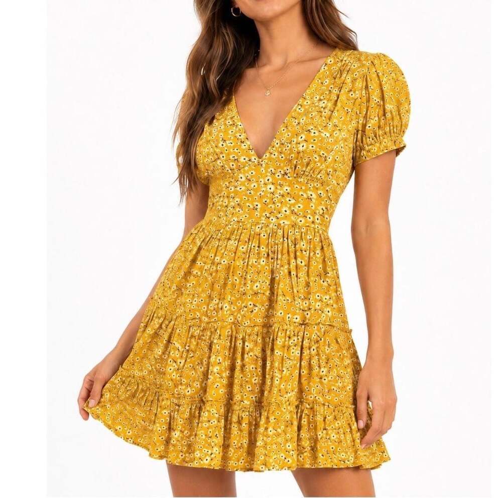 J. Solee Women's Mustard Floral V-Neck Puff Sleeve Tiered Ruffle Mini Dress